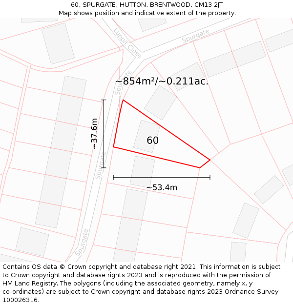60, SPURGATE, HUTTON, BRENTWOOD, CM13 2JT: Plot and title map