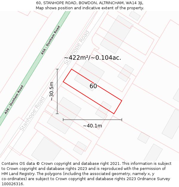 60, STANHOPE ROAD, BOWDON, ALTRINCHAM, WA14 3JL: Plot and title map