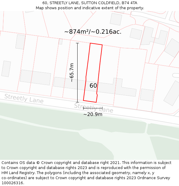 60, STREETLY LANE, SUTTON COLDFIELD, B74 4TA: Plot and title map