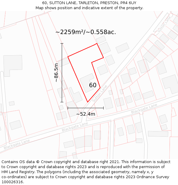 60, SUTTON LANE, TARLETON, PRESTON, PR4 6UY: Plot and title map