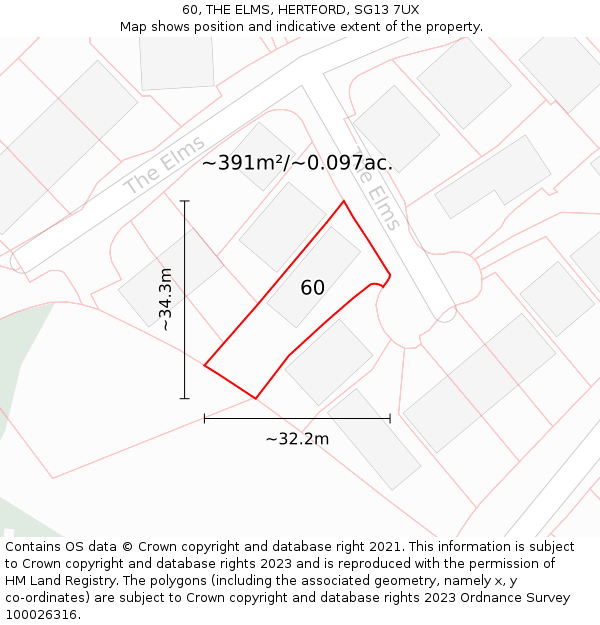 60, THE ELMS, HERTFORD, SG13 7UX: Plot and title map