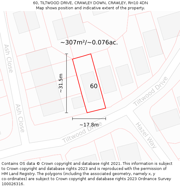 60, TILTWOOD DRIVE, CRAWLEY DOWN, CRAWLEY, RH10 4DN: Plot and title map