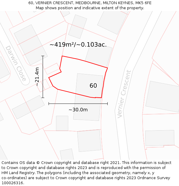 60, VERNIER CRESCENT, MEDBOURNE, MILTON KEYNES, MK5 6FE: Plot and title map