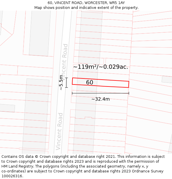 60, VINCENT ROAD, WORCESTER, WR5 1AY: Plot and title map