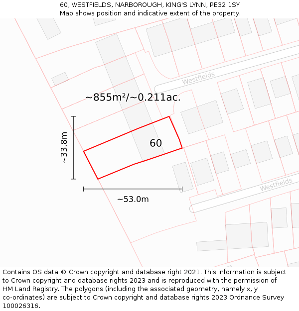 60, WESTFIELDS, NARBOROUGH, KING'S LYNN, PE32 1SY: Plot and title map