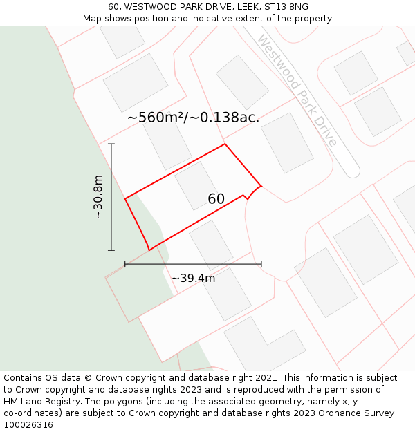 60, WESTWOOD PARK DRIVE, LEEK, ST13 8NG: Plot and title map