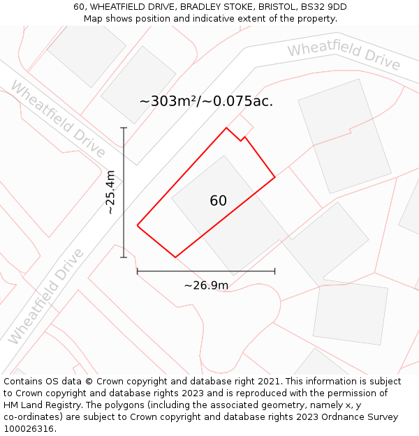 60, WHEATFIELD DRIVE, BRADLEY STOKE, BRISTOL, BS32 9DD: Plot and title map