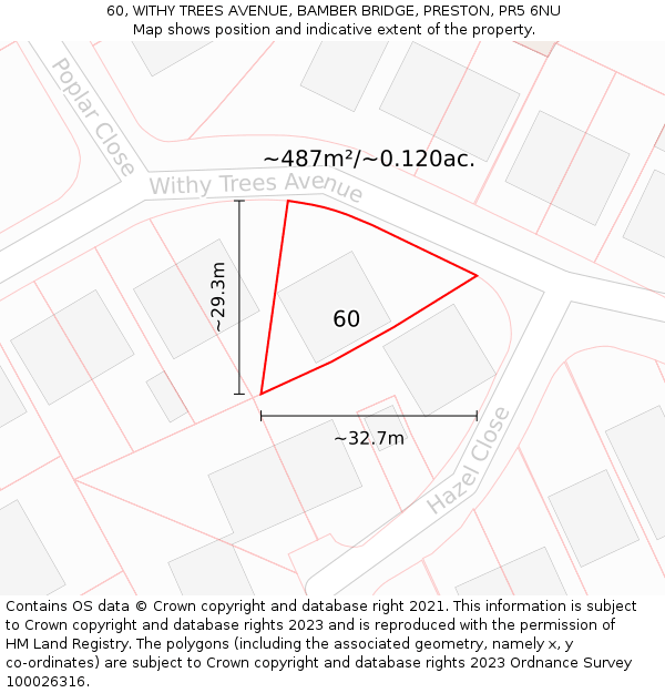 60, WITHY TREES AVENUE, BAMBER BRIDGE, PRESTON, PR5 6NU: Plot and title map