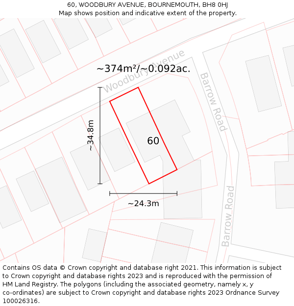60, WOODBURY AVENUE, BOURNEMOUTH, BH8 0HJ: Plot and title map