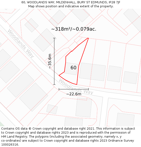 60, WOODLANDS WAY, MILDENHALL, BURY ST EDMUNDS, IP28 7JF: Plot and title map