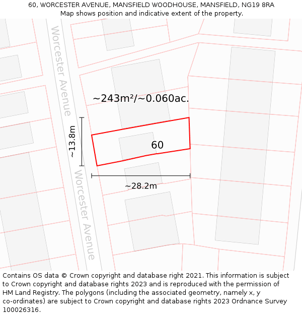 60, WORCESTER AVENUE, MANSFIELD WOODHOUSE, MANSFIELD, NG19 8RA: Plot and title map