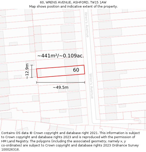 60, WRENS AVENUE, ASHFORD, TW15 1AW: Plot and title map