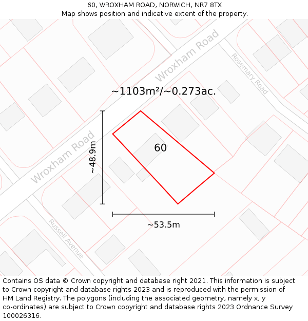 60, WROXHAM ROAD, NORWICH, NR7 8TX: Plot and title map