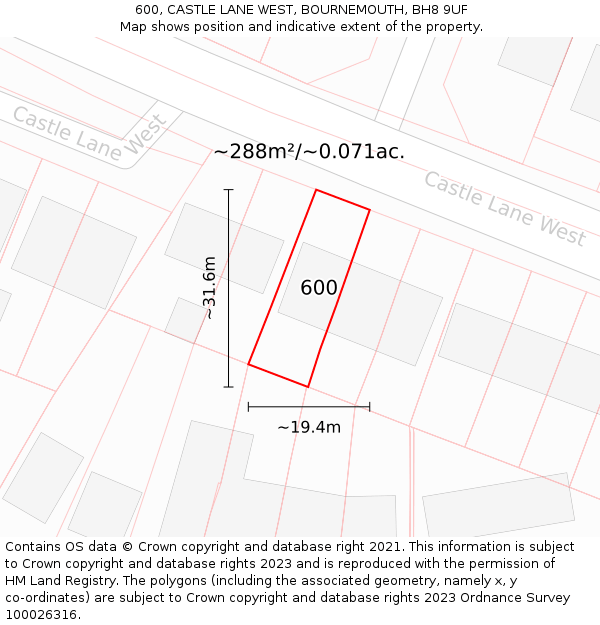 600, CASTLE LANE WEST, BOURNEMOUTH, BH8 9UF: Plot and title map
