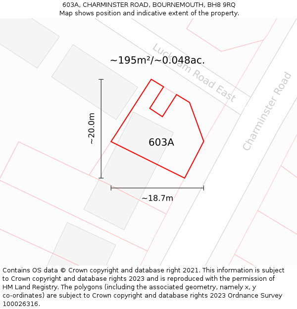 603A, CHARMINSTER ROAD, BOURNEMOUTH, BH8 9RQ: Plot and title map