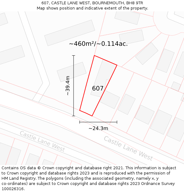 607, CASTLE LANE WEST, BOURNEMOUTH, BH8 9TR: Plot and title map