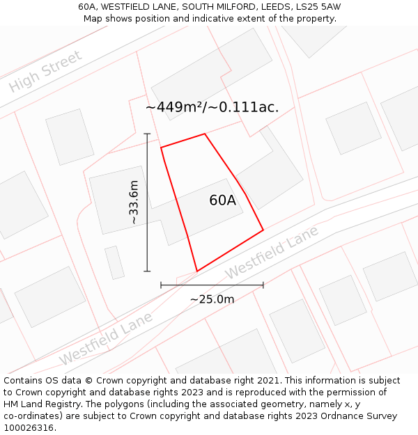 60A, WESTFIELD LANE, SOUTH MILFORD, LEEDS, LS25 5AW: Plot and title map
