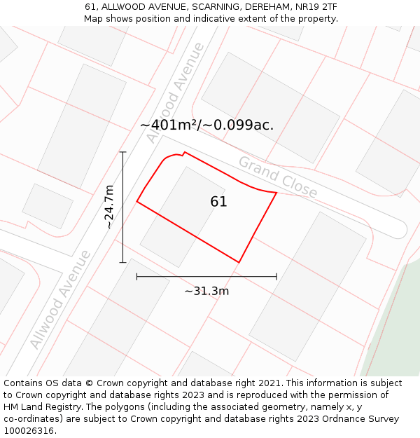 61, ALLWOOD AVENUE, SCARNING, DEREHAM, NR19 2TF: Plot and title map