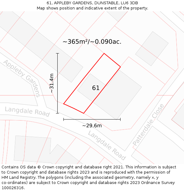 61, APPLEBY GARDENS, DUNSTABLE, LU6 3DB: Plot and title map
