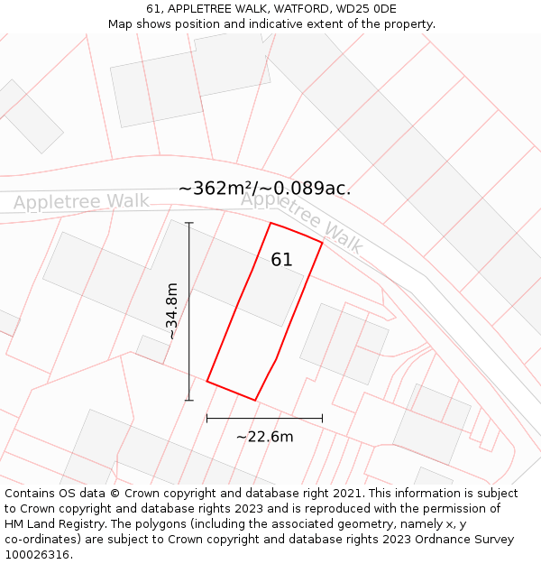 61, APPLETREE WALK, WATFORD, WD25 0DE: Plot and title map