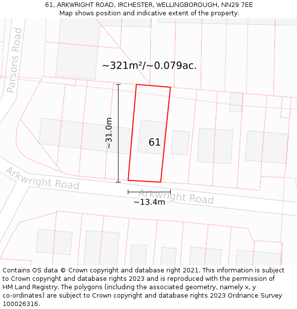 61, ARKWRIGHT ROAD, IRCHESTER, WELLINGBOROUGH, NN29 7EE: Plot and title map