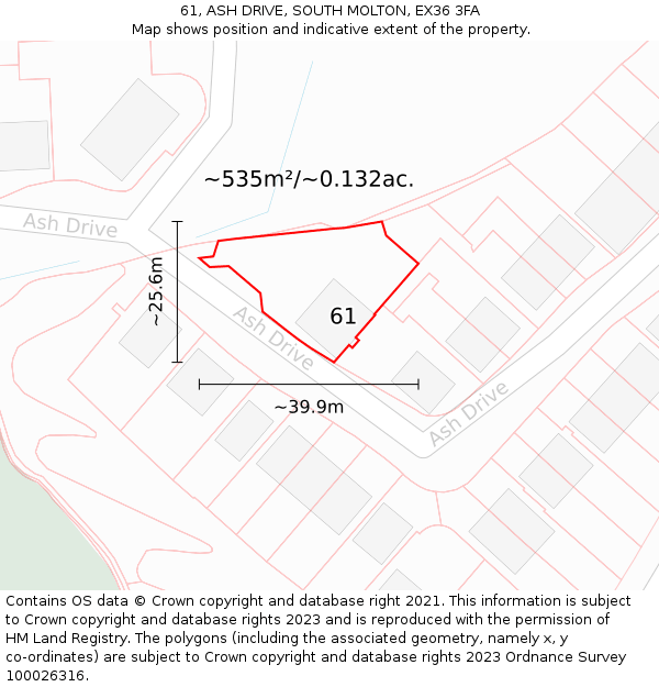 61, ASH DRIVE, SOUTH MOLTON, EX36 3FA: Plot and title map