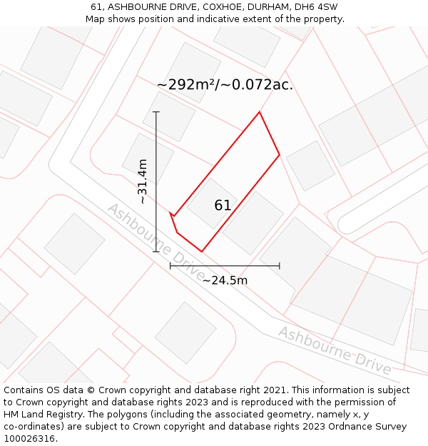 61, ASHBOURNE DRIVE, COXHOE, DURHAM, DH6 4SW: Plot and title map
