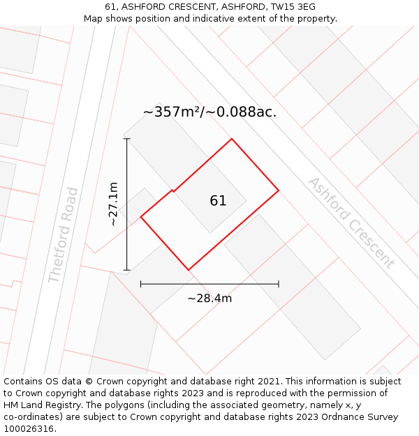 61, ASHFORD CRESCENT, ASHFORD, TW15 3EG: Plot and title map