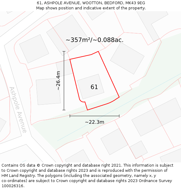 61, ASHPOLE AVENUE, WOOTTON, BEDFORD, MK43 9EG: Plot and title map