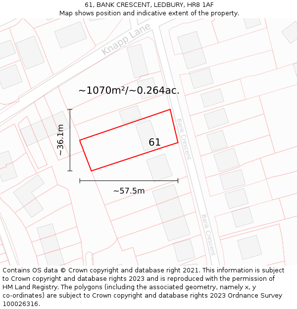 61, BANK CRESCENT, LEDBURY, HR8 1AF: Plot and title map