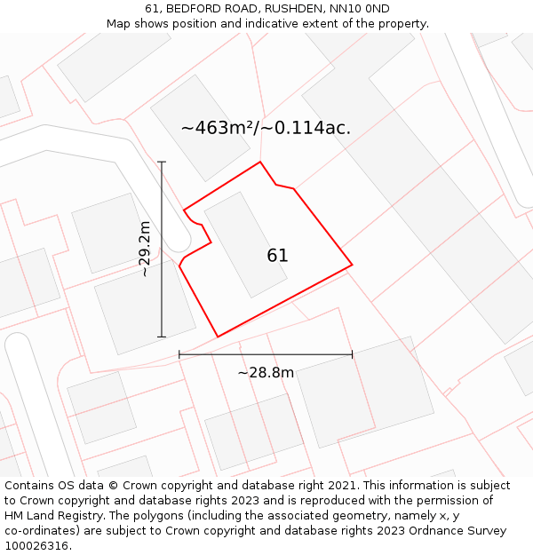 61, BEDFORD ROAD, RUSHDEN, NN10 0ND: Plot and title map