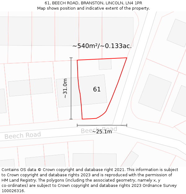 61, BEECH ROAD, BRANSTON, LINCOLN, LN4 1PR: Plot and title map