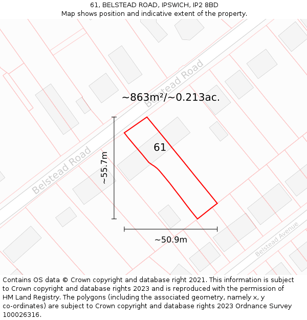 61, BELSTEAD ROAD, IPSWICH, IP2 8BD: Plot and title map