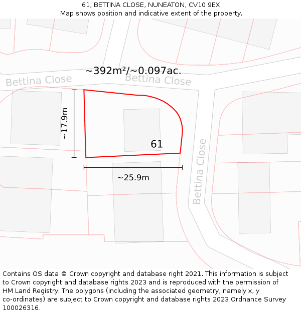 61, BETTINA CLOSE, NUNEATON, CV10 9EX: Plot and title map