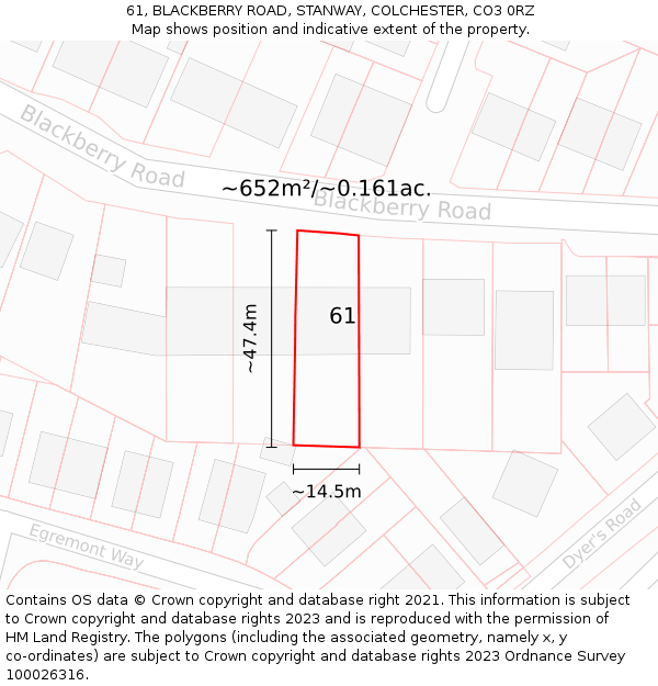 61, BLACKBERRY ROAD, STANWAY, COLCHESTER, CO3 0RZ: Plot and title map