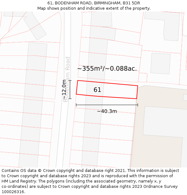 61, BODENHAM ROAD, BIRMINGHAM, B31 5DR: Plot and title map
