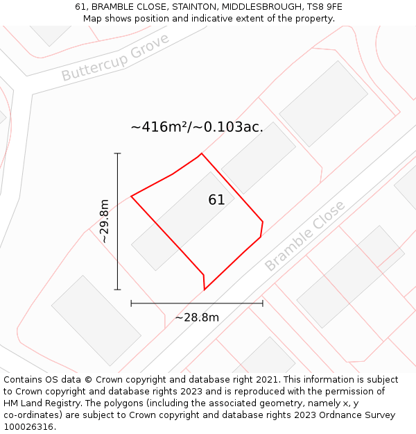 61, BRAMBLE CLOSE, STAINTON, MIDDLESBROUGH, TS8 9FE: Plot and title map