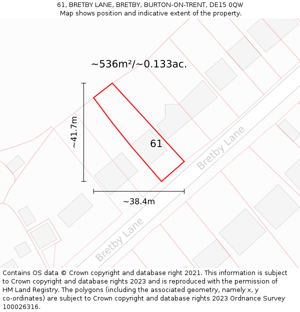 61, BRETBY LANE, BRETBY, BURTON-ON-TRENT, DE15 0QW: Plot and title map