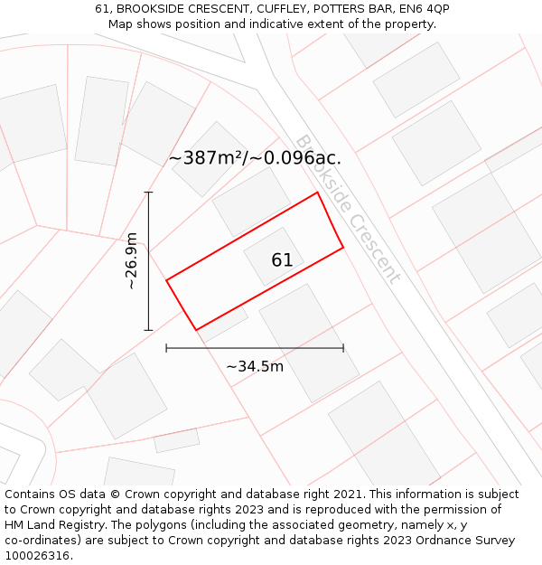 61, BROOKSIDE CRESCENT, CUFFLEY, POTTERS BAR, EN6 4QP: Plot and title map