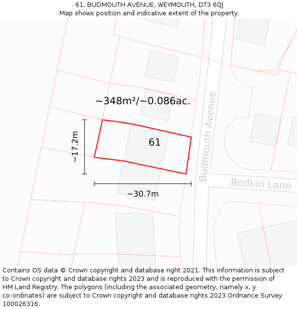 61, BUDMOUTH AVENUE, WEYMOUTH, DT3 6QJ: Plot and title map