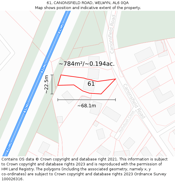 61, CANONSFIELD ROAD, WELWYN, AL6 0QA: Plot and title map