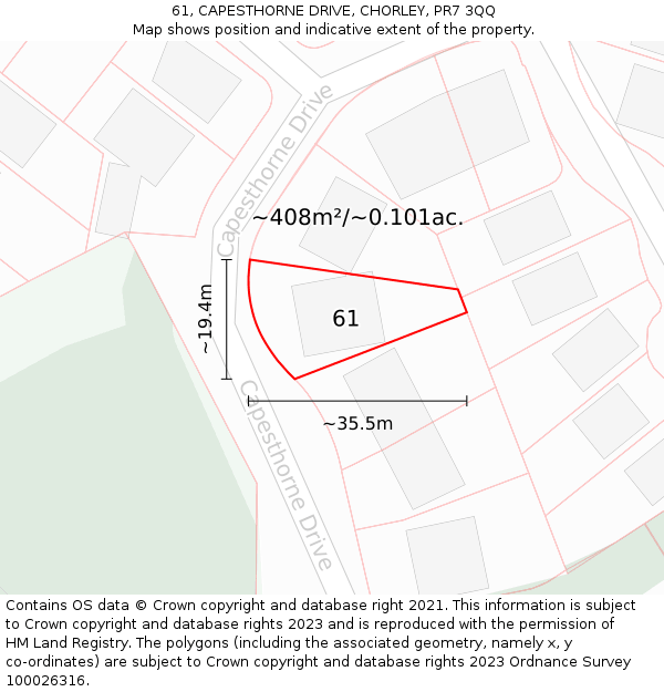 61, CAPESTHORNE DRIVE, CHORLEY, PR7 3QQ: Plot and title map