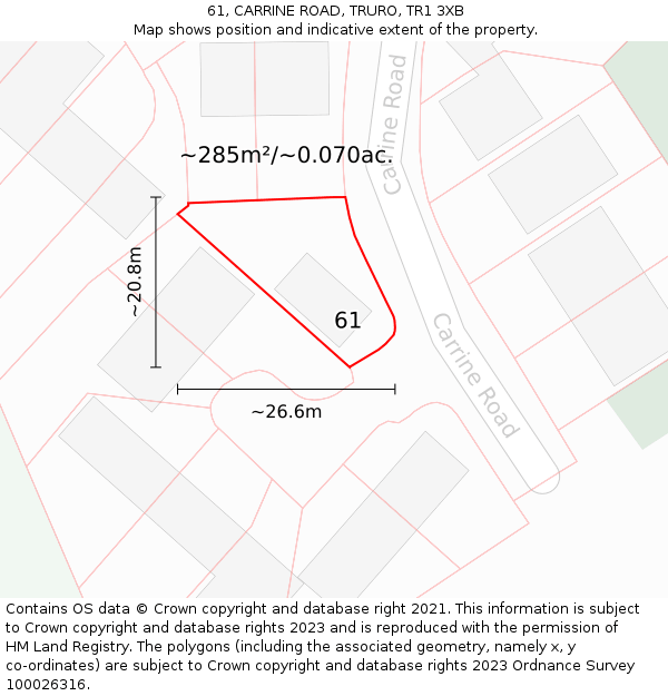 61, CARRINE ROAD, TRURO, TR1 3XB: Plot and title map