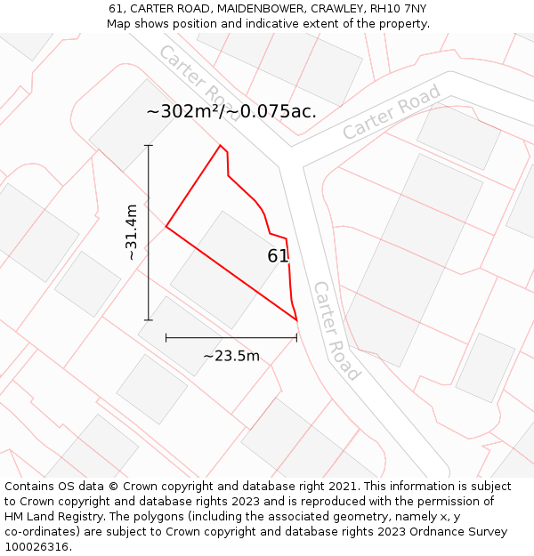 61, CARTER ROAD, MAIDENBOWER, CRAWLEY, RH10 7NY: Plot and title map