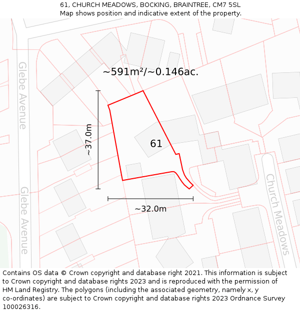 61, CHURCH MEADOWS, BOCKING, BRAINTREE, CM7 5SL: Plot and title map