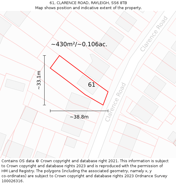 61, CLARENCE ROAD, RAYLEIGH, SS6 8TB: Plot and title map