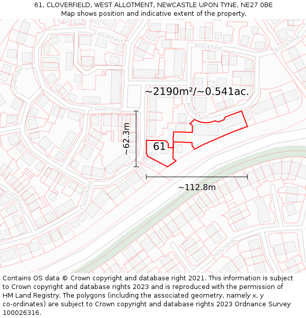 61, CLOVERFIELD, WEST ALLOTMENT, NEWCASTLE UPON TYNE, NE27 0BE: Plot and title map