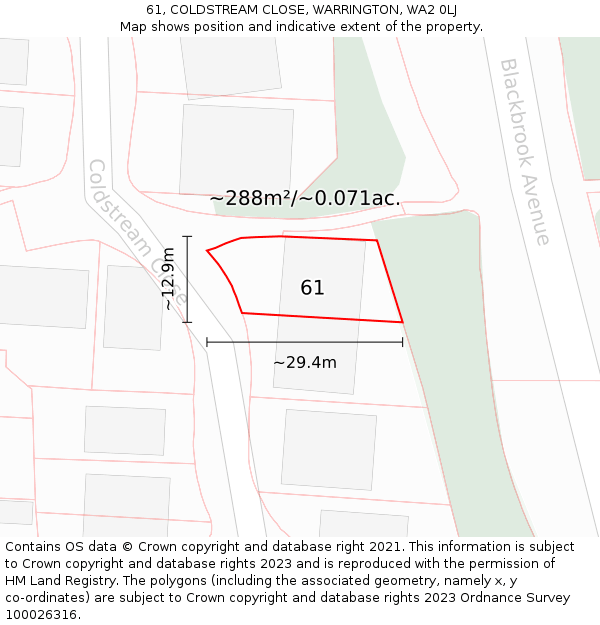 61, COLDSTREAM CLOSE, WARRINGTON, WA2 0LJ: Plot and title map