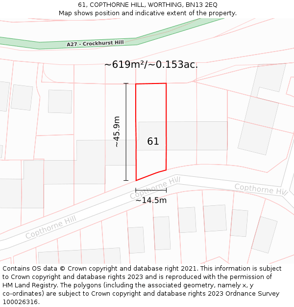 61, COPTHORNE HILL, WORTHING, BN13 2EQ: Plot and title map