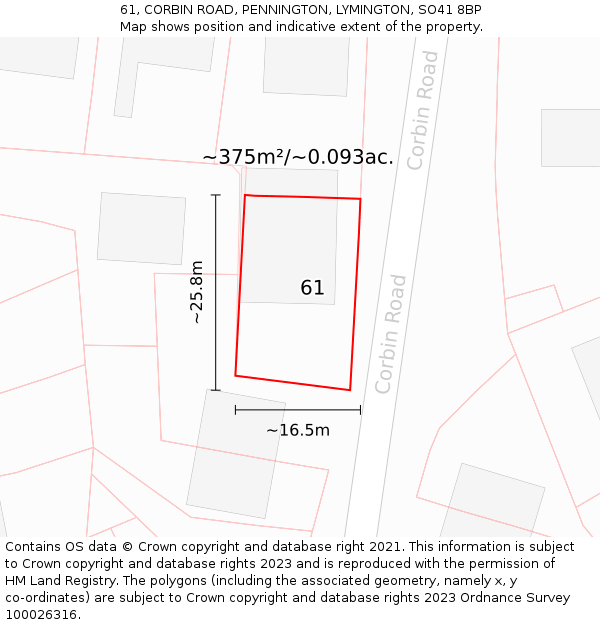 61, CORBIN ROAD, PENNINGTON, LYMINGTON, SO41 8BP: Plot and title map